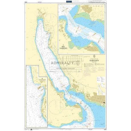 Admiralty Chart 2000: Gareloch offers safe navigation with water depths, navigational marks, and land features. It includes detailed insets for Rhu Narrows and Faslane Bay with annotations, scale indicators, and ADMIRALTY Standard Nautical Charts references.