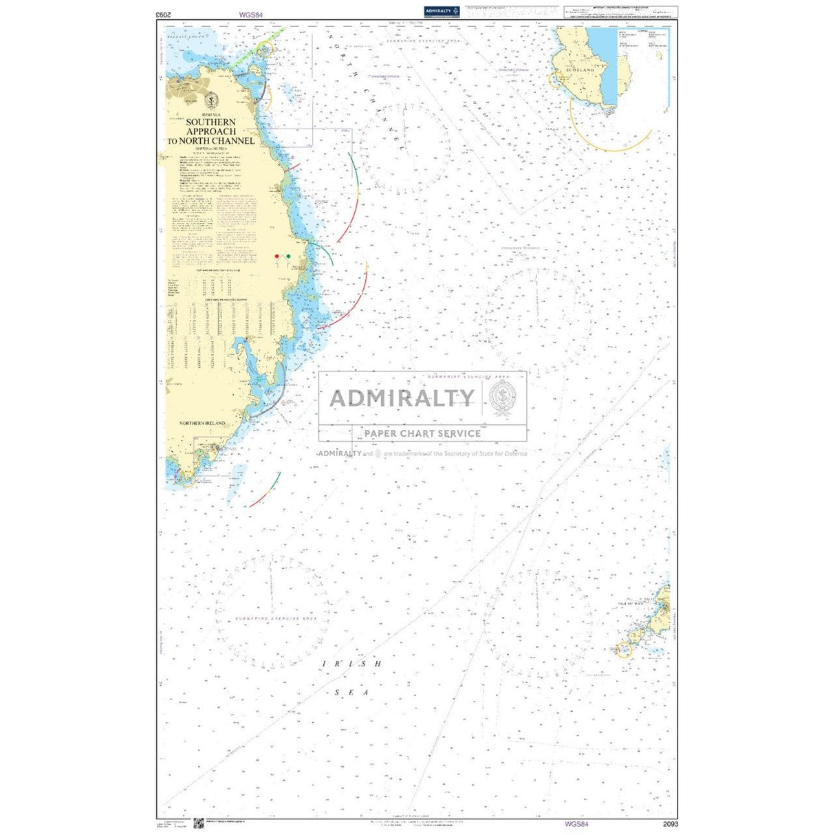 The Admiralty Chart 2093: Southern Approach to North Channel by Admiralty provides detailed coastlines, depth measurements, and navigation routes for safe sailing near landmarks in Ireland and Scotland.