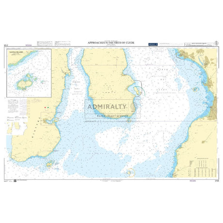 The Admiralty Chart 2126: Approaches to the Firth of Clyde offers crucial navigation details, illustrating water depths, coastal features, and hazards, with a focus on commercial shipping routes in the Clyde area. It includes detailed depictions of land areas and islands.