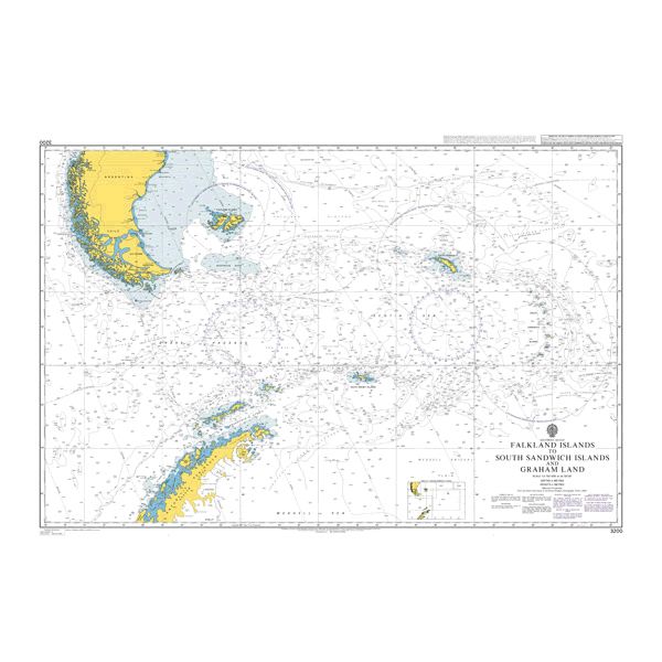 Product image of Admiralty Chart 3200 | Falkland Islands to South Sandwich Islands and Graham Land, featuring navigational markings, depth soundings, and coastal features, essential for safe marine navigation. It could be displayed as an art piece or used for navigation on a boat or ship.