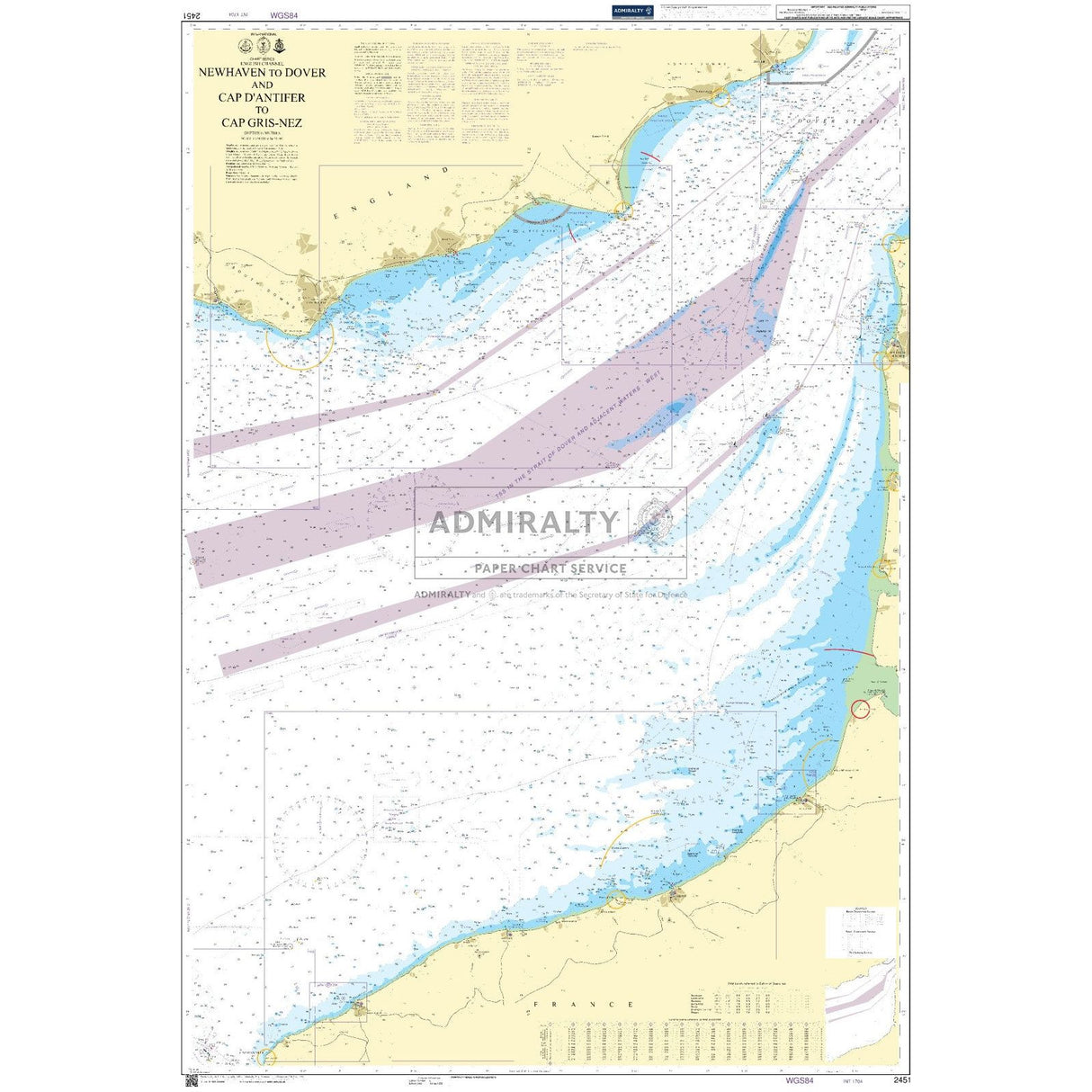 The Admiralty Chart 2451: Newhaven to Dover and Cap d'Antifer to Cap Gris-Nez highlights official paper charts and commercial shipping routes, featuring clearly marked coastal features and navigation aids, with land in yellow and water depths in blue.