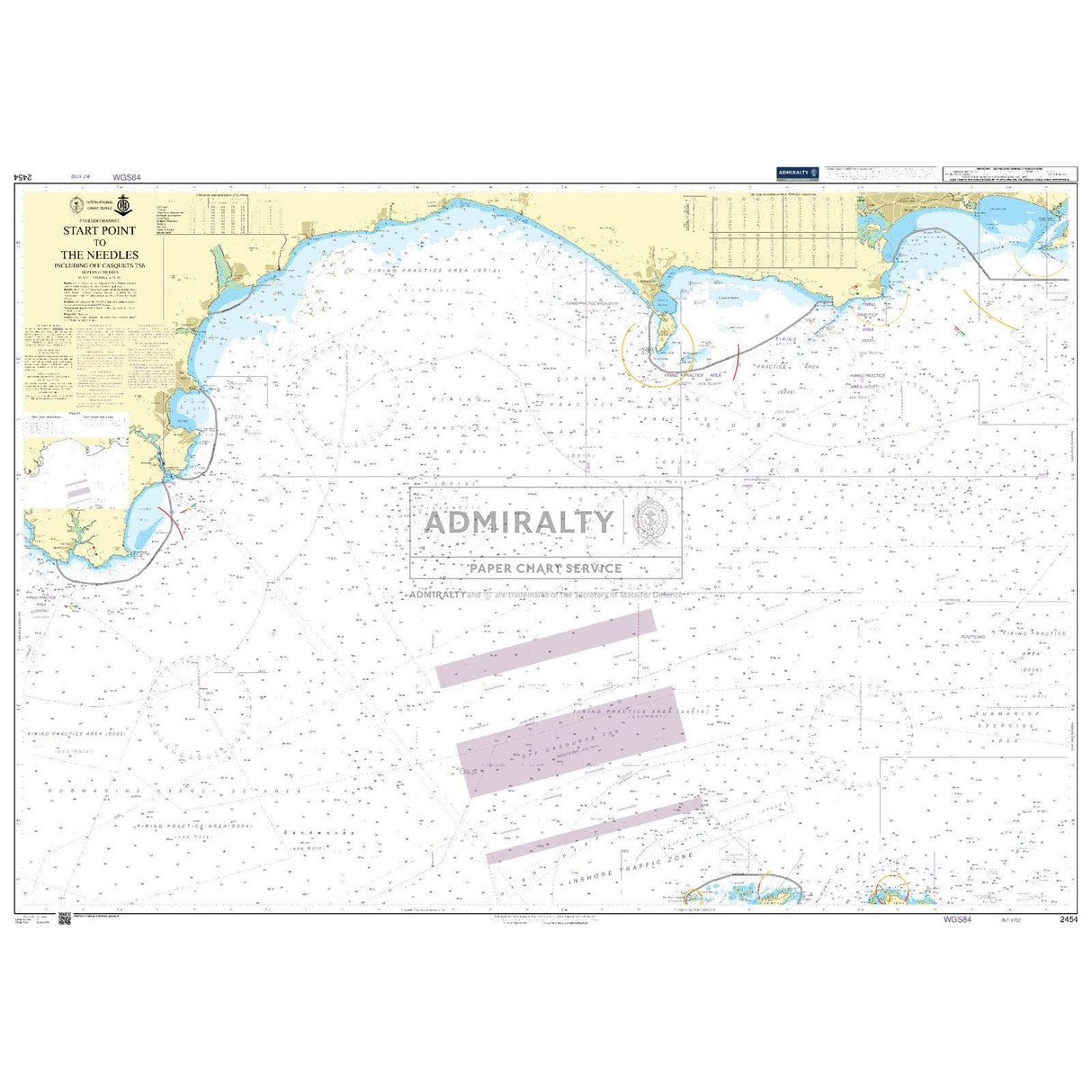 Admiralty Chart 2454: Start Point to The Needles, including Off Casquets TSS, details coastal features, water depths, and maritime symbols with marked commercial shipping routes for deep-sea navigation.