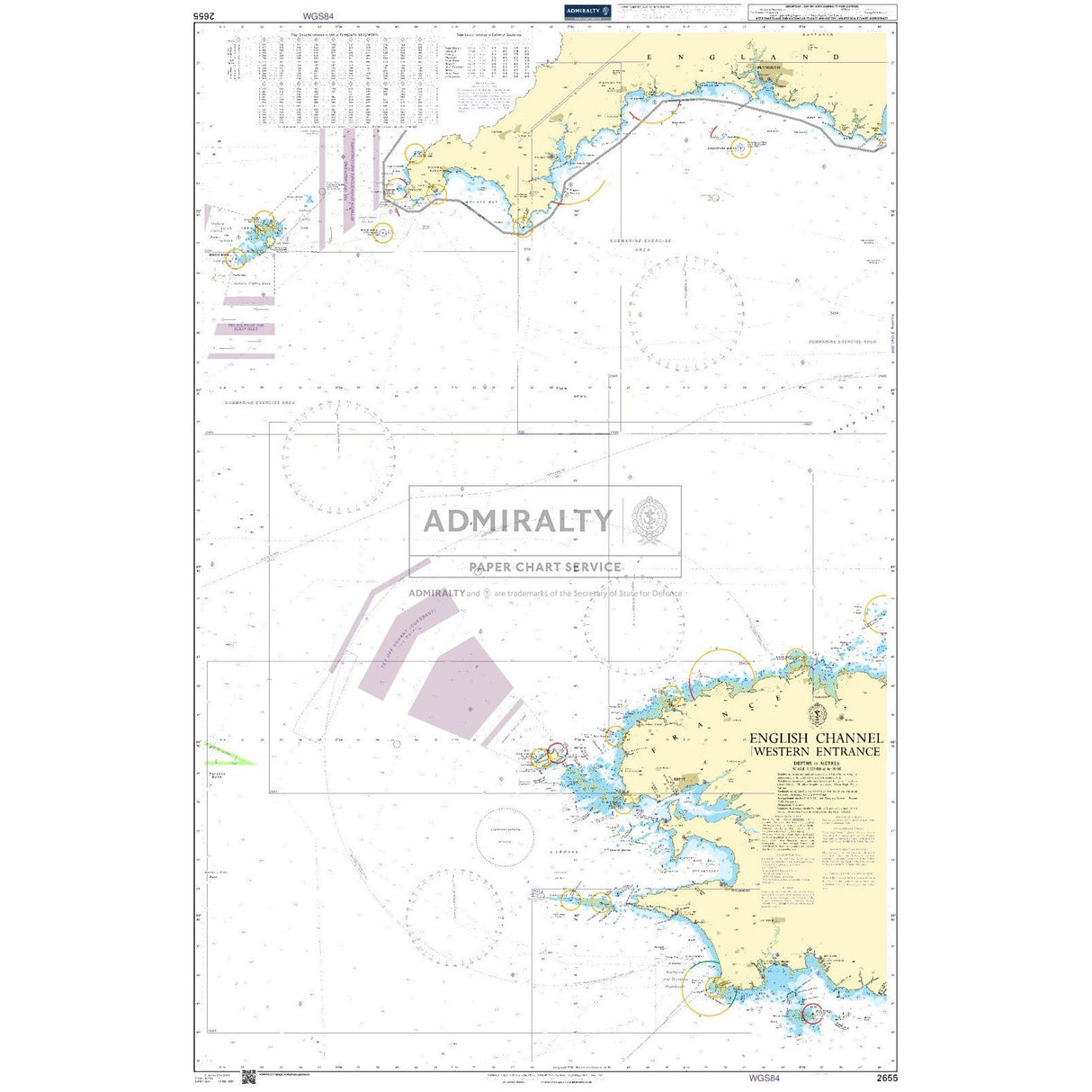 The Admiralty Chart 2655: English Channel Western Entrance by Admiralty shows coastal outlines, depth contours, navigational hazards, and marine details. It highlights areas of interest and ports for deep-sea navigation on key commercial shipping routes.