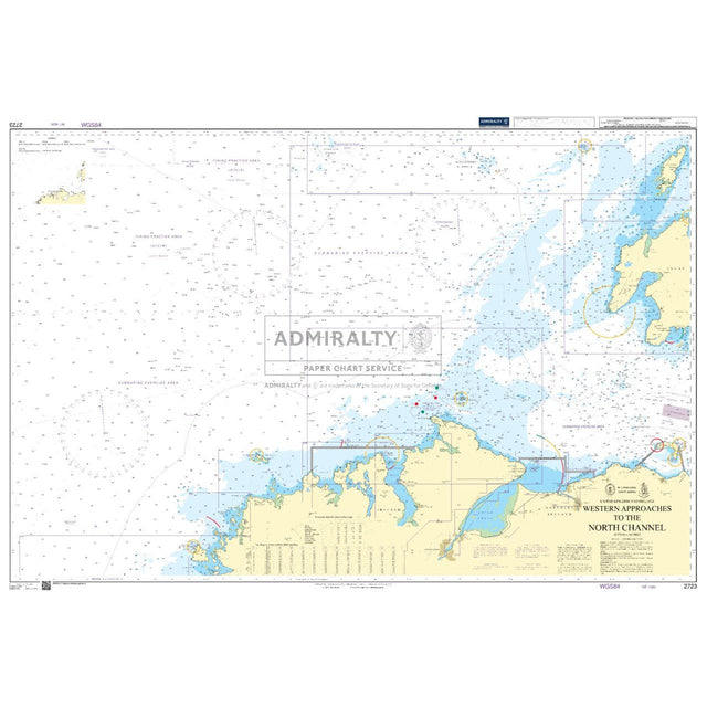 The Admiralty Chart 2723 by Admiralty, titled "Western Approaches to the North Channel," provides detailed coastlines, water depths, navigation markers, and maritime features. Essential for safe navigation, it includes a scale, compass, and latitude/longitude grid.