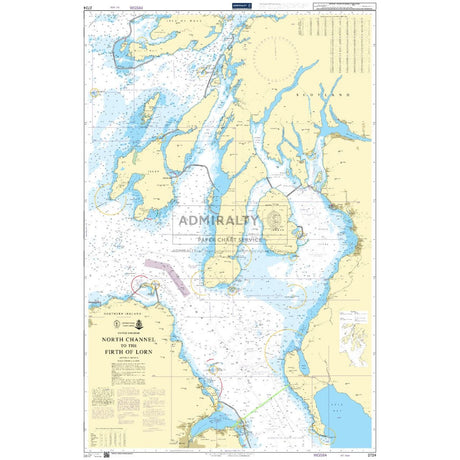 The Admiralty Chart 2724: North Channel to the Firth of Lorn details islands, coastlines, depths, and navigational markings. This SOLAS-compliant chart includes compass roses and admiralty information.