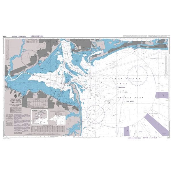 Product image of Admiralty Chart 3204 | New York Lower Bay and Approaches, featuring navigational markings, depth soundings, and coastal features, essential for safe marine navigation. It could be displayed as an art piece or used for navigation on a boat or ship.