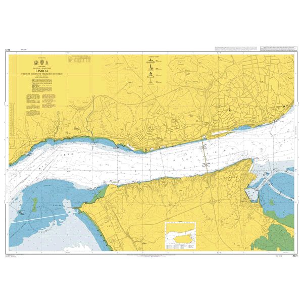 Product image of Admiralty Chart 3221 | Lisboa, Paco de Arcos to Terreiro do Trigo, featuring navigational markings, depth soundings, and coastal features, essential for safe marine navigation. It could be displayed as an art piece or used for navigation on a boat or ship.