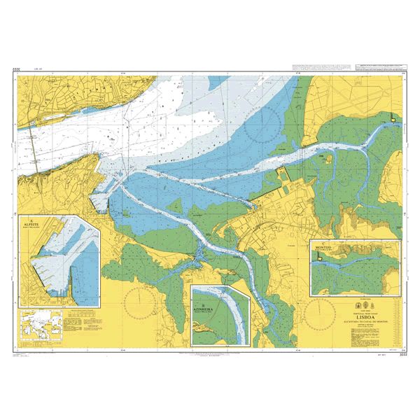 Product image of Admiralty Chart 3222 | Lisboa Alcantara to Canal do Montijo, featuring navigational markings, depth soundings, and coastal features, essential for safe marine navigation. It could be displayed as an art piece or used for navigation on a boat or ship.