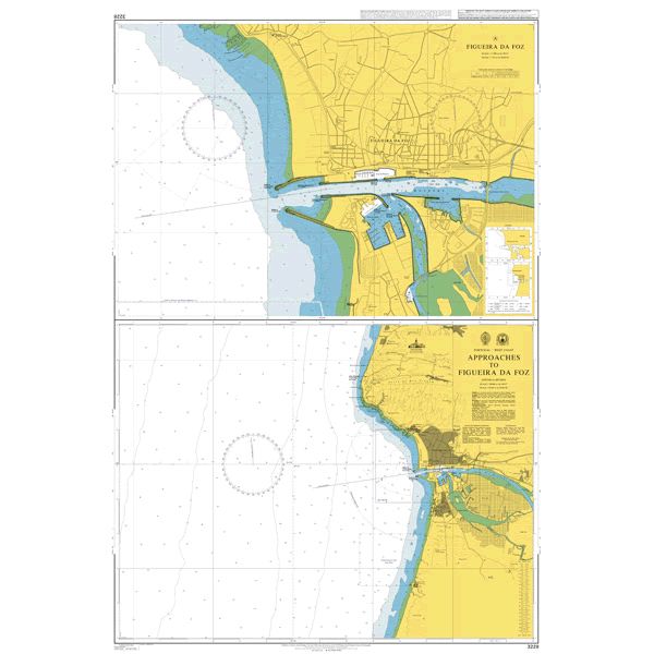 Product image of Admiralty Chart 3228 | Approaches to Figueira da Foz, featuring navigational markings, depth soundings, and coastal features, essential for safe marine navigation. It could be displayed as an art piece or used for navigation on a boat or ship.