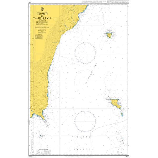 Product image of Admiralty Chart 3233 | O-Luan Pi to T'ai-Tung Kang, featuring navigational markings, depth soundings, and coastal features, essential for safe marine navigation. It could be displayed as an art piece or used for navigation on a boat or ship.