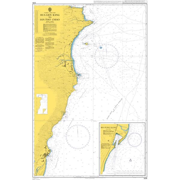 Product image of Admiralty Chart 3235 | Hualien Port to San-Tiao Chiao, featuring navigational markings, depth soundings, and coastal features, essential for safe marine navigation. It could be displayed as an art piece or used for navigation on a boat or ship.