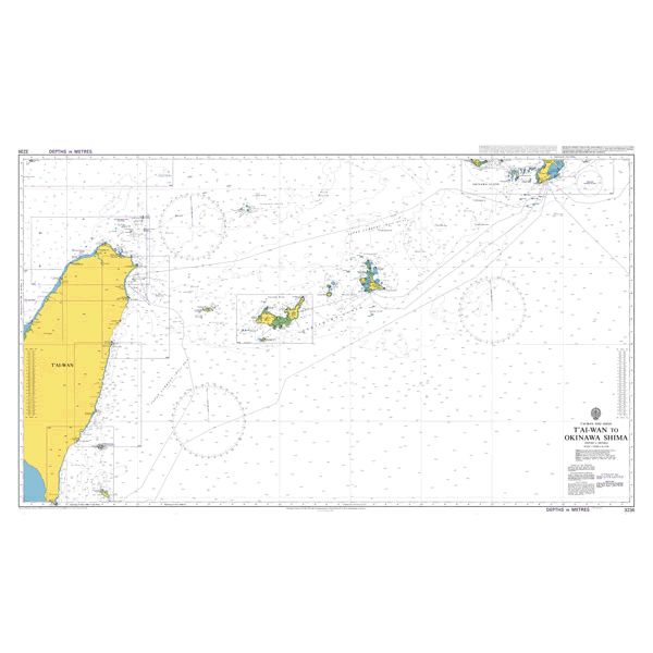 Product image of Admiralty Chart 3236 | Taiwan to Okinawa Shima, featuring navigational markings, depth soundings, and coastal features, essential for safe marine navigation. It could be displayed as an art piece or used for navigation on a boat or ship.