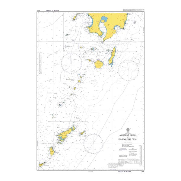 Product image of Admiralty Chart 3237 | Amami-O Shima to Kagoshima Wan, featuring navigational markings, depth soundings, and coastal features, essential for safe marine navigation. It could be displayed as an art piece or used for navigation on a boat or ship.