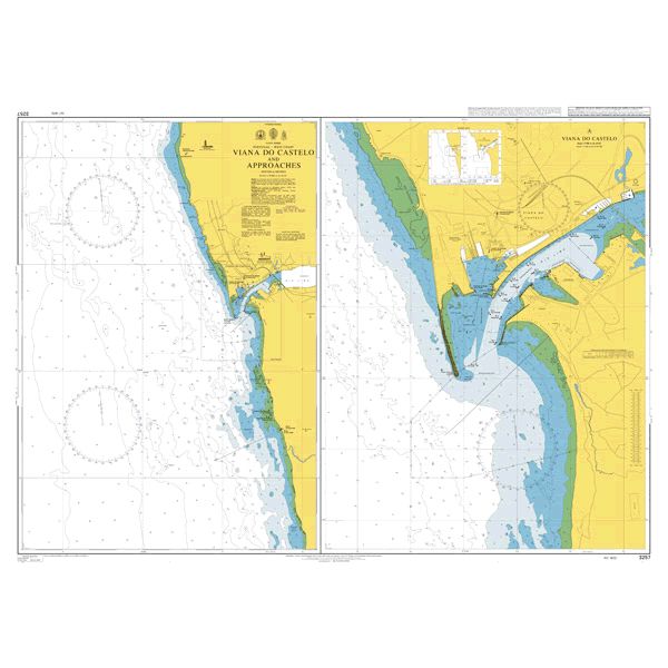 Product image of Admiralty Chart 3257 | Viana do Castelo and Approaches, featuring navigational markings, depth soundings, and coastal features, essential for safe marine navigation. It could be displayed as an art piece or used for navigation on a boat or ship.