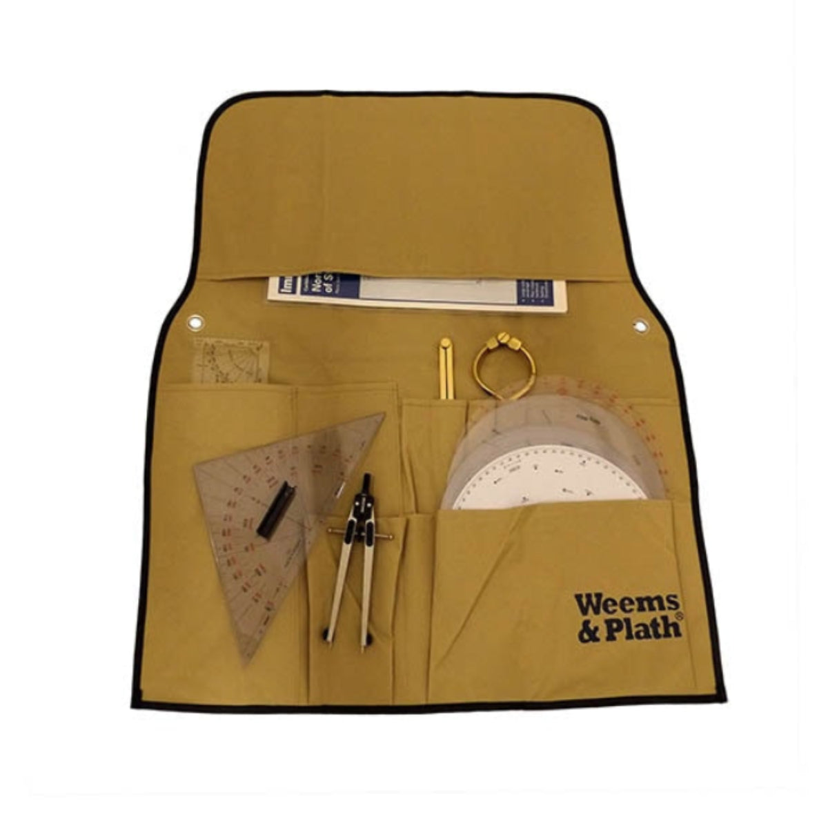 The Weems & Plath NaviTote is a durable fabric navigation tool case with compartments for a chart, dividers, protractor, plotter, compass, and other tools—all neatly organized.