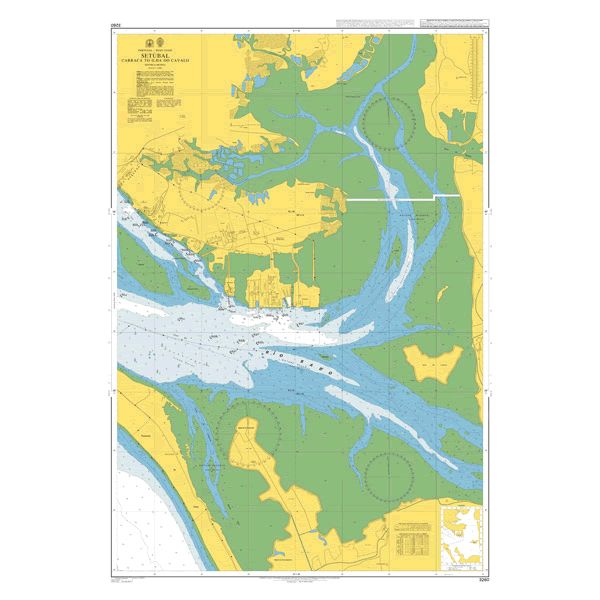 Product image of Admiralty Chart 3260 | Setubal Carraca to Ilha do Cavalo, featuring navigational markings, depth soundings, and coastal features, essential for safe marine navigation. It could be displayed as an art piece or used for navigation on a boat or ship.