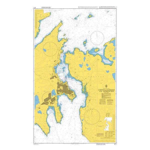 Product image of Admiralty Chart 3271 | Approaches to Lerwick Harbour, featuring navigational markings, depth soundings, and coastal features, essential for safe marine navigation. It could be displayed as an art piece or used for navigation on a boat or ship.