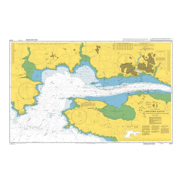 Product image of Admiralty Chart 3274 | Milford Haven Saint Ann's Head to Newton Noyes Pier, featuring navigational markings, depth soundings, and coastal features, essential for safe marine navigation. It could be displayed as an art piece or used for navigation on a boat or ship.