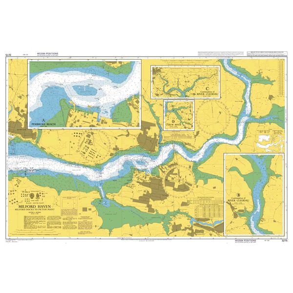 Product image of Admiralty Chart 3275 | Milford Haven Milford Docks to Picton Point, featuring navigational markings, depth soundings, and coastal features, essential for safe marine navigation. It could be displayed as an art piece or used for navigation on a boat or ship.