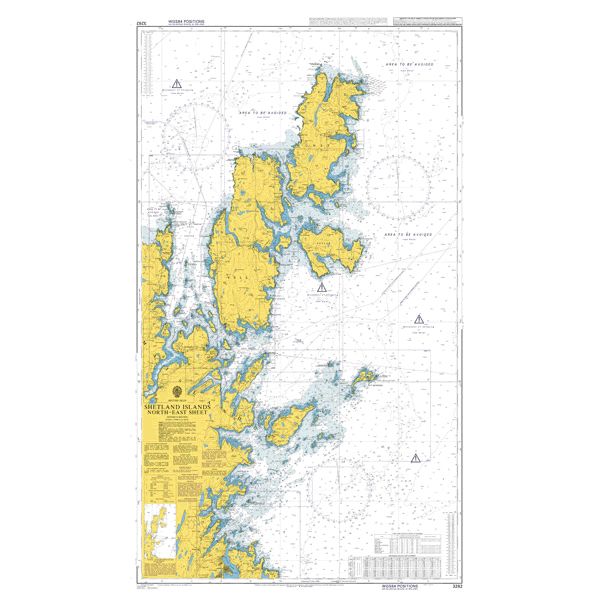 Product image of Admiralty Chart 3282 | Shetland Islands North-East Sheet, featuring navigational markings, depth soundings, and coastal features, essential for safe marine navigation. It could be displayed as an art piece or used for navigation on a boat or ship.