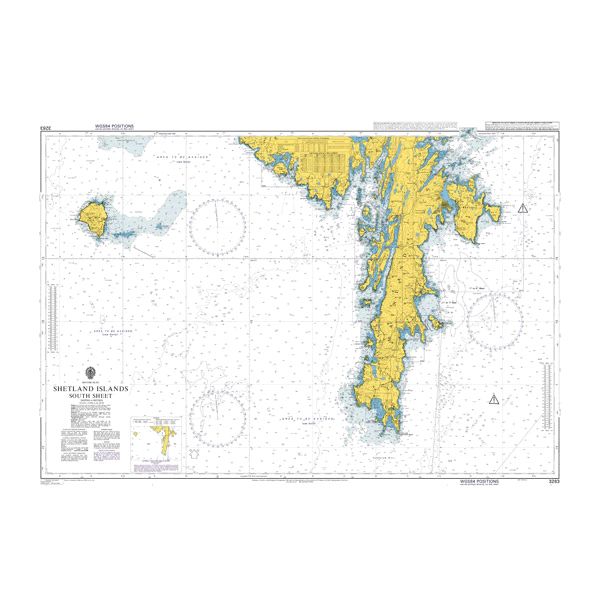 Product image of Admiralty Chart 3283 | Shetland Islands South Sheet, featuring navigational markings, depth soundings, and coastal features, essential for safe marine navigation. It could be displayed as an art piece or used for navigation on a boat or ship.