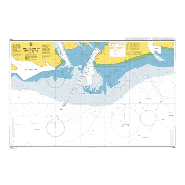 Product image of Admiralty Chart 3286 | Approaches to Bonny River, featuring navigational markings, depth soundings, and coastal features, essential for safe marine navigation. It could be displayed as an art piece or used for navigation on a boat or ship.