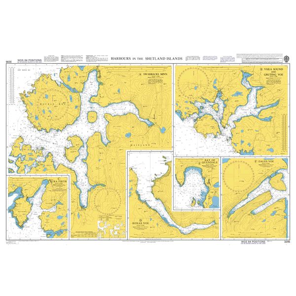 Product image of Admiralty Chart 3295 | Harbours in the Shetland Islands, featuring navigational markings, depth soundings, and coastal features, essential for safe marine navigation. It could be displayed as an art piece or used for navigation on a boat or ship.