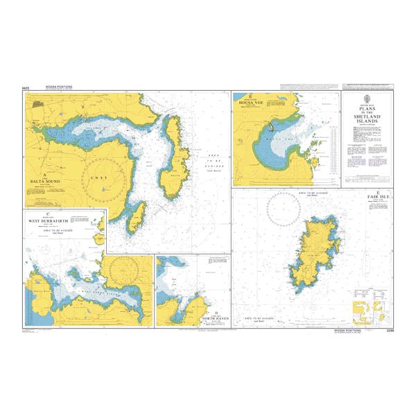 Product image of Admiralty Chart 3299 | Plans in the Shetland Islands, featuring navigational markings, depth soundings, and coastal features, essential for safe marine navigation. It could be displayed as an art piece or used for navigation on a boat or ship.