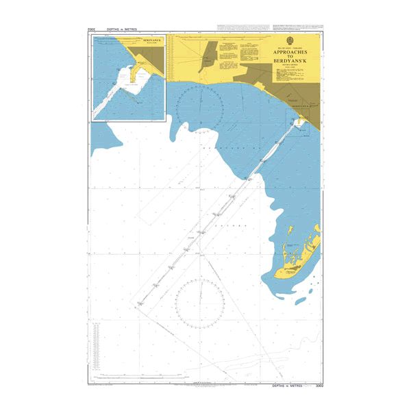 Product image of Admiralty Chart 3302 | Approaches to Berdyans'k, featuring navigational markings, depth soundings, and coastal features, essential for safe marine navigation. It could be displayed as an art piece or used for navigation on a boat or ship.