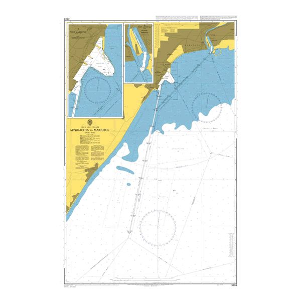 Product image of Admiralty Chart 3303 | Approaches to Mariupol', featuring navigational markings, depth soundings, and coastal features, essential for safe marine navigation. It could be displayed as an art piece or used for navigation on a boat or ship.