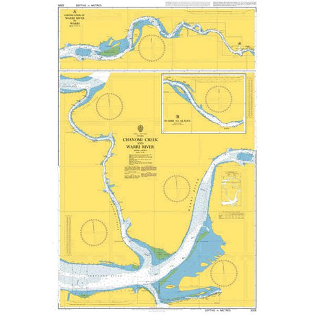 Product image of Admiralty Chart 3305 | Chanomi Creek and Warri River, featuring navigational markings, depth soundings, and coastal features, essential for safe marine navigation. It could be displayed as an art piece or used for navigation on a boat or ship.