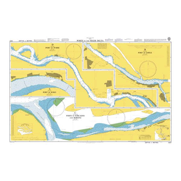 Product image of Admiralty Chart 3307 | Ports in the Niger Delta, featuring navigational markings, depth soundings, and coastal features, essential for safe marine navigation. It could be displayed as an art piece or used for navigation on a boat or ship.