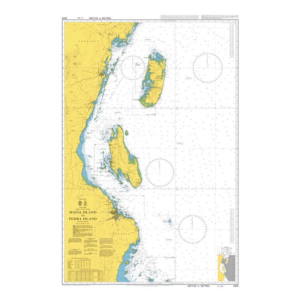 Product image of Admiralty Chart 3310 | Mafia Island to Pemba Island, featuring navigational markings, depth soundings, and coastal features, essential for safe marine navigation. It could be displayed as an art piece or used for navigation on a boat or ship.