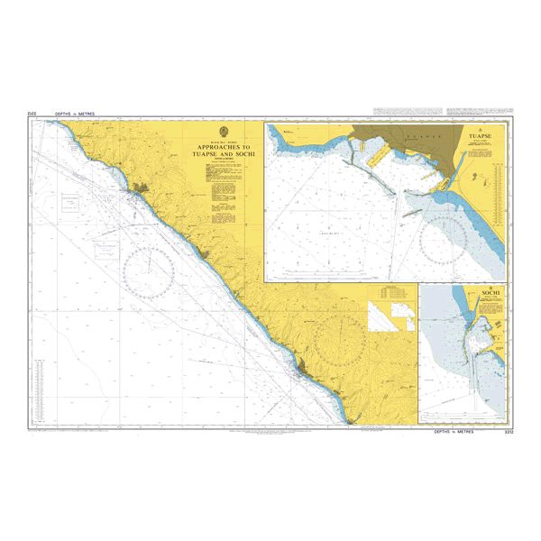 Product image of Admiralty Chart 3312 | Approaches to Tuapse and Sochi, featuring navigational markings, depth soundings, and coastal features, essential for safe marine navigation. It could be displayed as an art piece or used for navigation on a boat or ship.