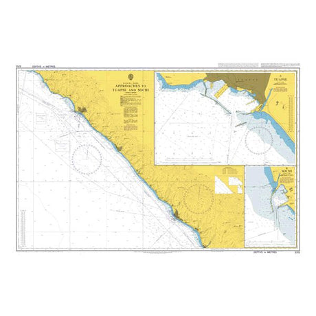 Product image of Admiralty Chart 3312 | Approaches to Tuapse and Sochi, featuring navigational markings, depth soundings, and coastal features, essential for safe marine navigation. It could be displayed as an art piece or used for navigation on a boat or ship.