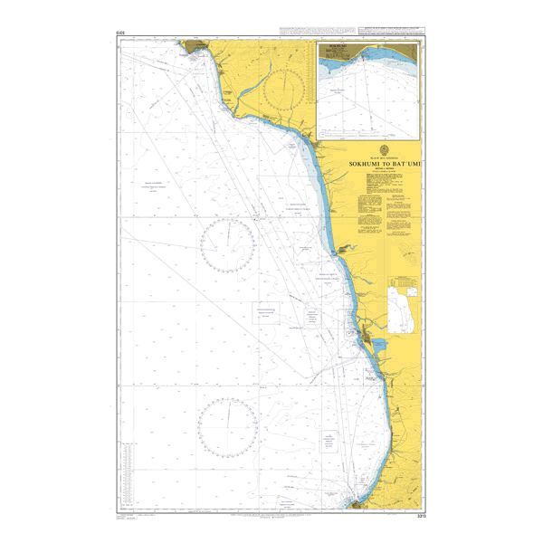 Product image of Admiralty Chart 3313 | Sokhumi to Bat'umi, featuring navigational markings, depth soundings, and coastal features, essential for safe marine navigation. It could be displayed as an art piece or used for navigation on a boat or ship.