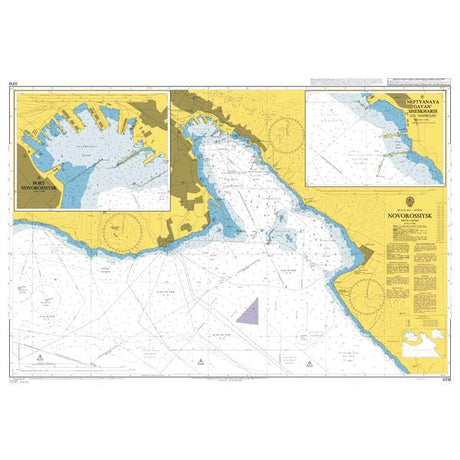 Product image of Admiralty Chart 3316 | Novorossiysk, featuring navigational markings, depth soundings, and coastal features, essential for safe marine navigation. It could be displayed as an art piece or used for navigation on a boat or ship.