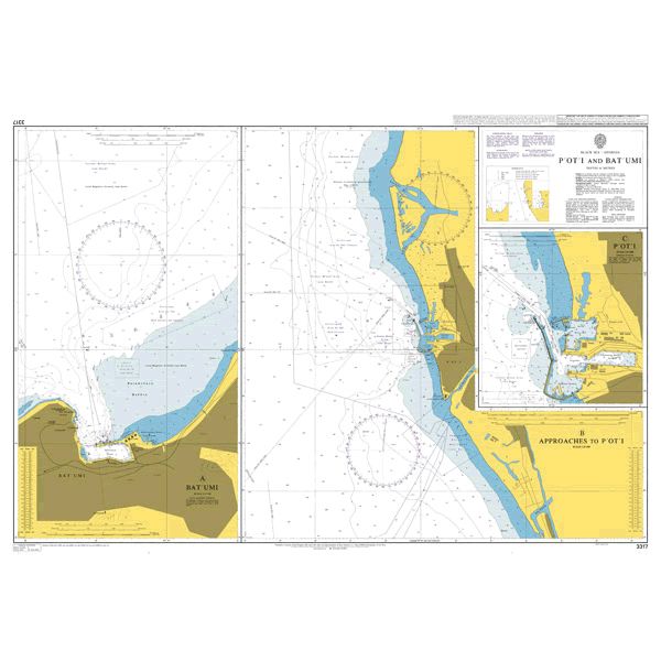 Product image of Admiralty Chart 3317 | P'ot'i, Bat'umi and Kulevi, featuring navigational markings, depth soundings, and coastal features, essential for safe marine navigation. It could be displayed as an art piece or used for navigation on a boat or ship.