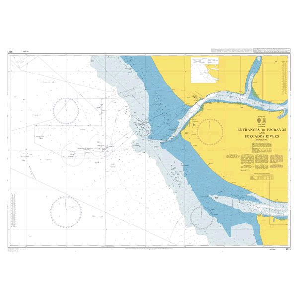 Product image of Admiralty Chart 3321 | Entrances to Escravos and Forcados Rivers, featuring navigational markings, depth soundings, and coastal features, essential for safe marine navigation. It could be displayed as an art piece or used for navigation on a boat or ship.