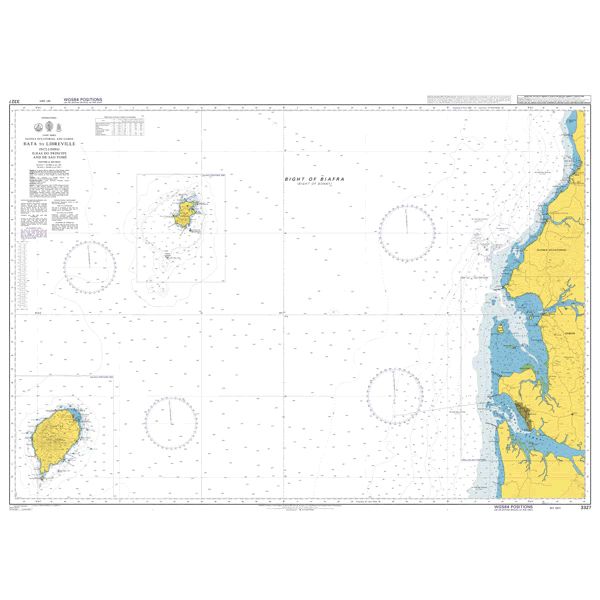 Product image of Admiralty Chart 3327 | Bata to Libreville including Ilhas do Principe and de Sao Tome, featuring navigational markings, depth soundings, and coastal features, essential for safe marine navigation. It could be displayed as an art piece or used for navigation on a boat or ship.