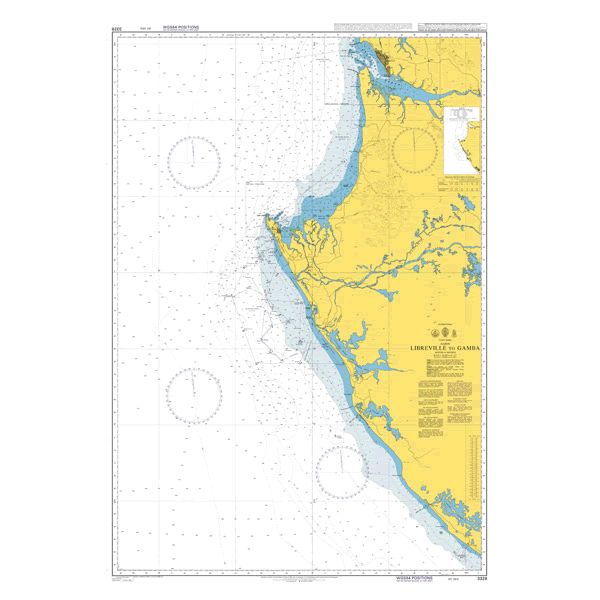 Product image of Admiralty Chart 3328 | Libreville to Gamba, featuring navigational markings, depth soundings, and coastal features, essential for safe marine navigation. It could be displayed as an art piece or used for navigation on a boat or ship.