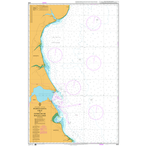 Product image of Admiralty Chart 3335 | Puerto Santa Cruz to Estrecho de Magallanes, featuring navigational markings, depth soundings, and coastal features, essential for safe marine navigation. It could be displayed as an art piece or used for navigation on a boat or ship.