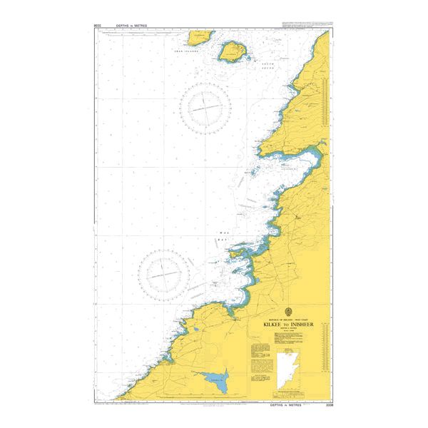 Product image of Admiralty Chart 3338 | Kilkee to Inisheer, featuring navigational markings, depth soundings, and coastal features, essential for safe marine navigation. It could be displayed as an art piece or used for navigation on a boat or ship.