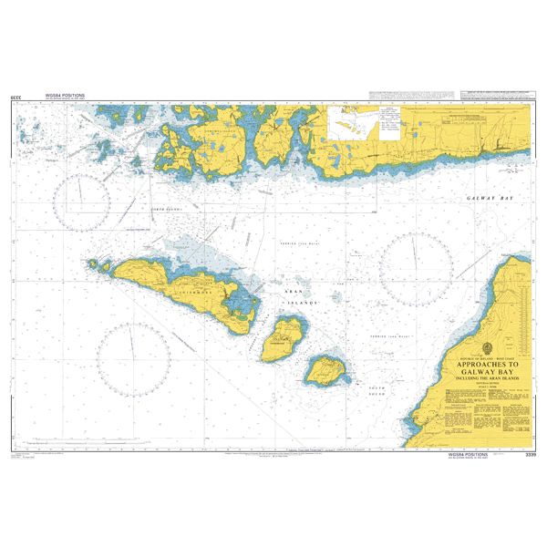 Product image of Admiralty Chart 3339 | Approaches to Galway Bay including the Aran Islands, featuring navigational markings, depth soundings, and coastal features, essential for safe marine navigation. It could be displayed as an art piece or used for navigation on a boat or ship.