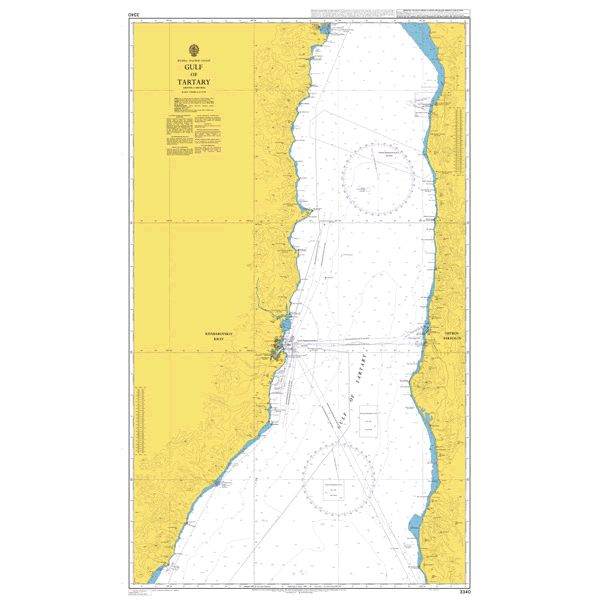 Product image of Admiralty Chart 3340 | Gulf of Tartary, featuring navigational markings, depth soundings, and coastal features, essential for safe marine navigation. It could be displayed as an art piece or used for navigation on a boat or ship.