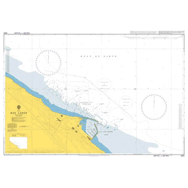 Product image of Admiralty Chart 3343 | Ras Lanuf, featuring navigational markings, depth soundings, and coastal features, essential for safe marine navigation. It could be displayed as an art piece or used for navigation on a boat or ship.