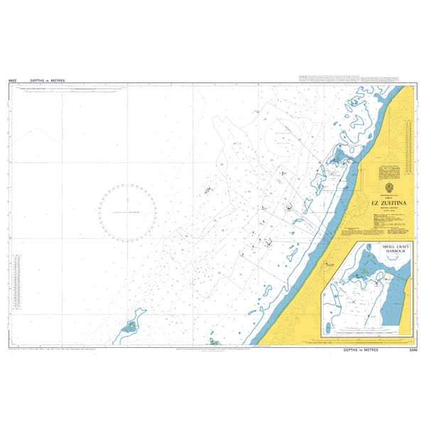 Product image of Admiralty Chart 3346 | Ez Zueitina, featuring navigational markings, depth soundings, and coastal features, essential for safe marine navigation. It could be displayed as an art piece or used for navigation on a boat or ship.