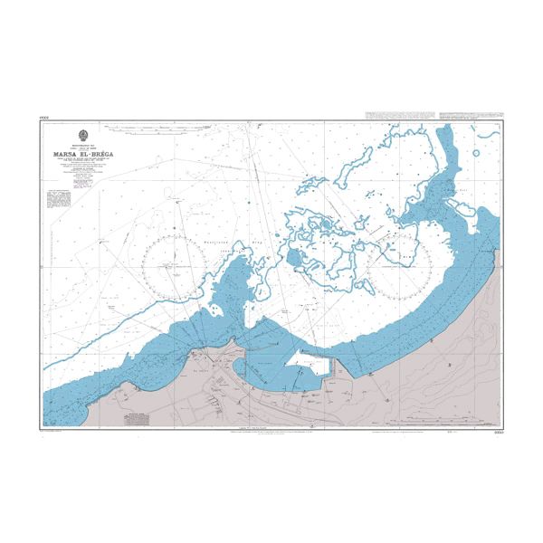 Product image of Admiralty Chart 3350 | Marsa el - Brega, featuring navigational markings, depth soundings, and coastal features, essential for safe marine navigation. It could be displayed as an art piece or used for navigation on a boat or ship.