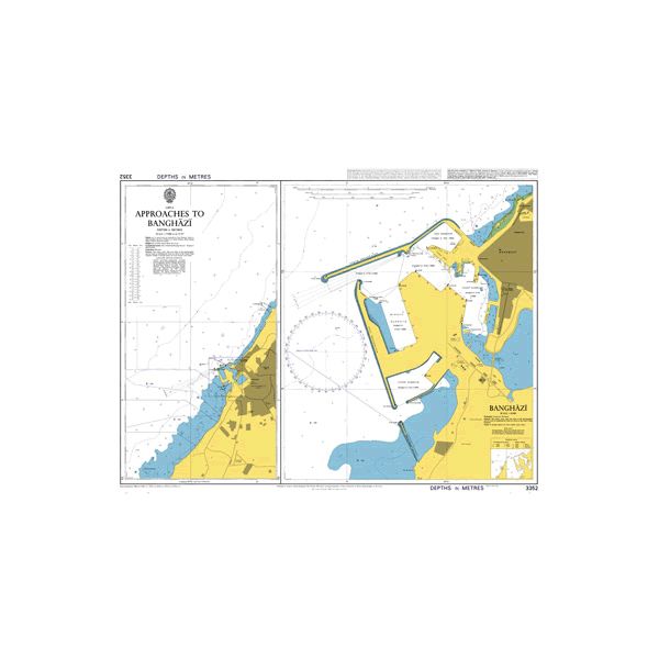 Product image of Admiralty Chart 3352 | Approaches to Banghazi, featuring navigational markings, depth soundings, and coastal features, essential for safe marine navigation. It could be displayed as an art piece or used for navigation on a boat or ship.