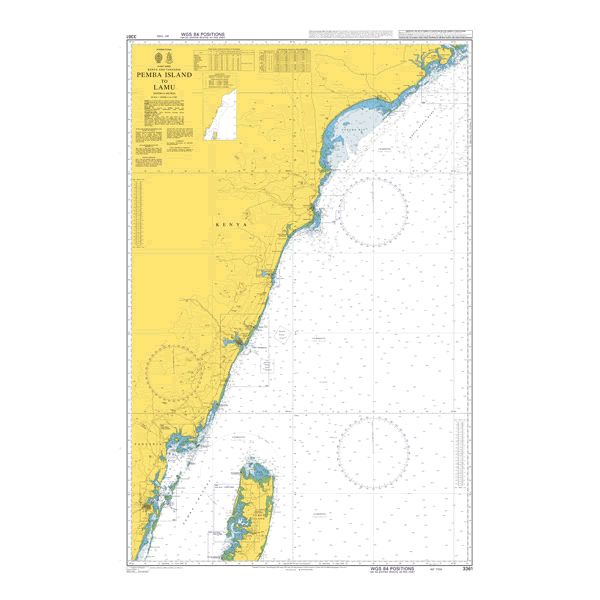 Product image of Admiralty Chart 3361 | Pemba Island to Lamu, featuring navigational markings, depth soundings, and coastal features, essential for safe marine navigation. It could be displayed as an art piece or used for navigation on a boat or ship.